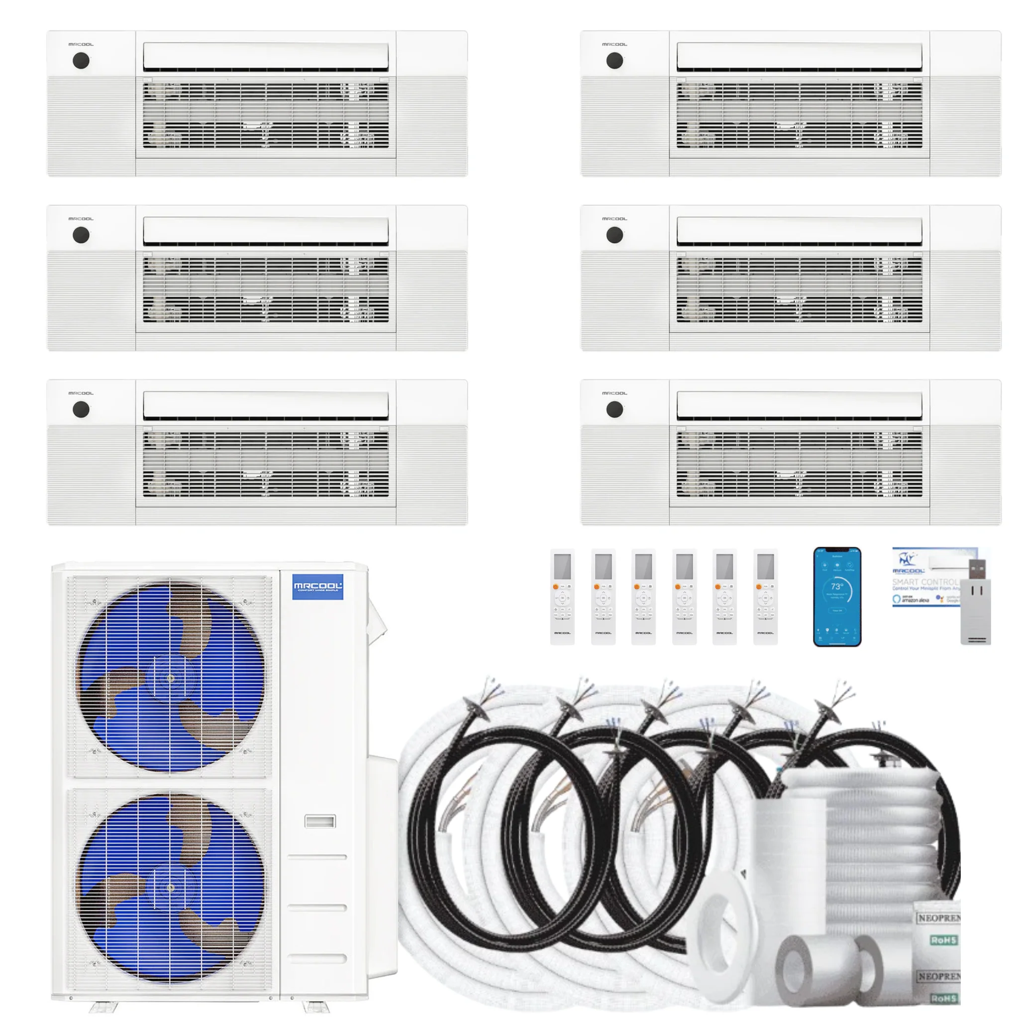 MRCOOL DIY 5th Gen 6-Zone 45,000 BTU Ceiling Cassette Ductless Mini Split Air Conditioner & Heat Pump with 16ft. Pre-Charged Line Sets (6K+6K+6K+6K+9K+12K), DIYM655HPC04D00