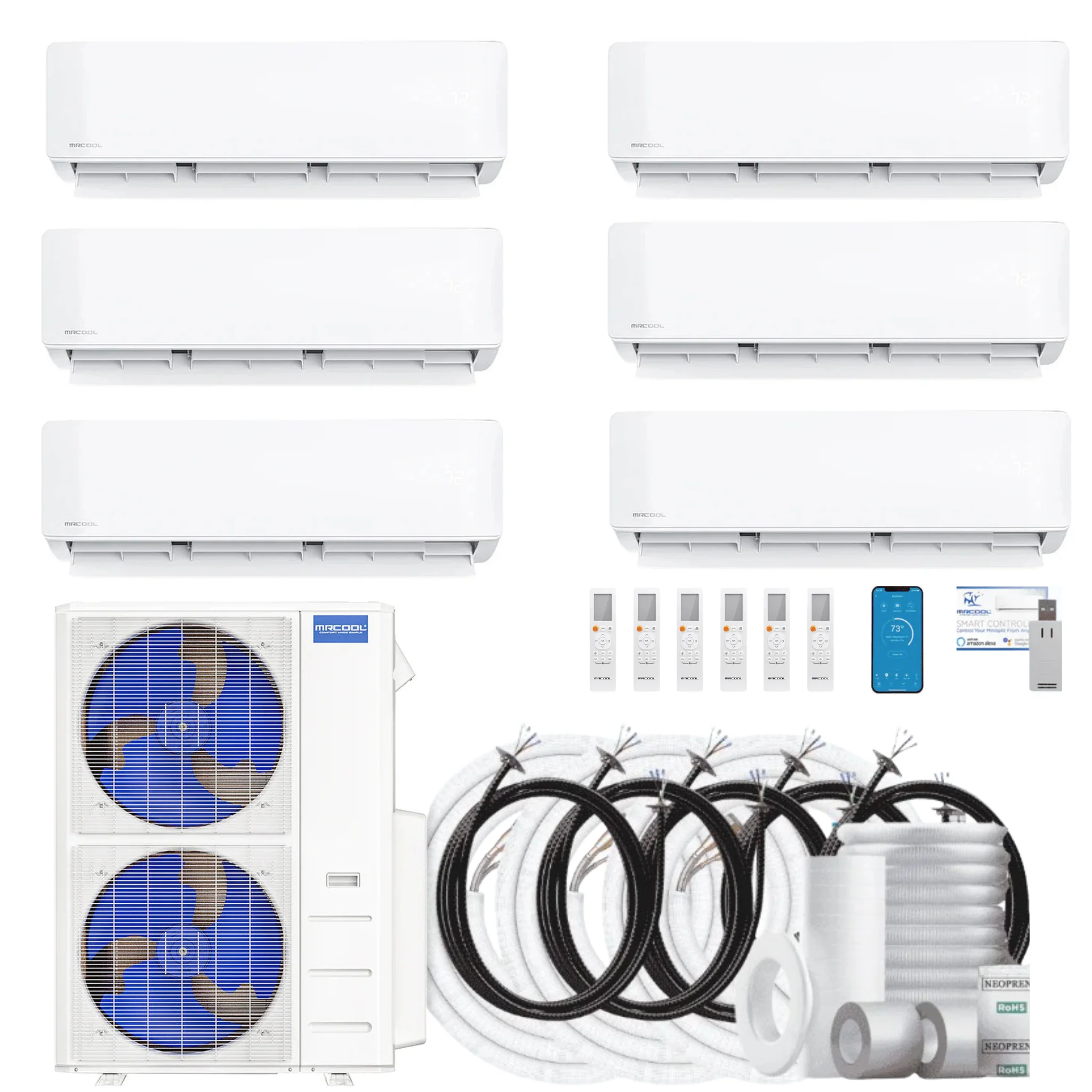 MRCOOL DIY 5th Gen 6-Zone 51,000 BTU Ductless Mini Split Air Conditioner & Heat Pump with 16ft. Pre-Charged Line Sets (6K+6K+6K+9K+12K+12K), DIYM655HPW12D00